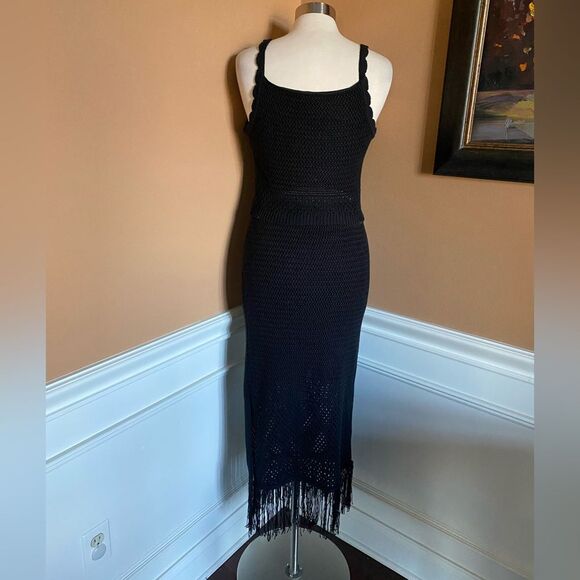 House of Harlow 1960 Knit 2 piece top with maxi fringe skirt black M - Picture 3 of 11